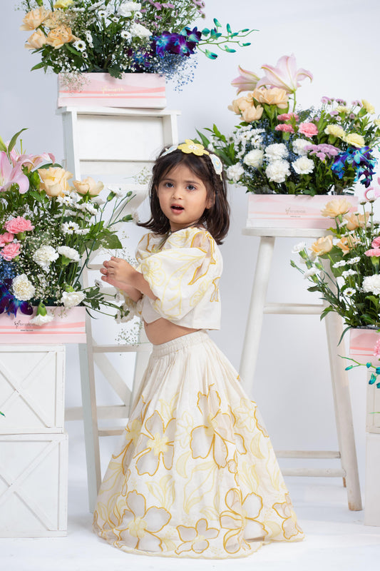 Ivory Floral Embroidered Crop Top With Matching Flared Lehenga In Fresh Yellow Detailing