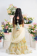 Stunning Floral Yellow Lehenga Set With Sheer Net Blouse And Organza Dupatta Detail