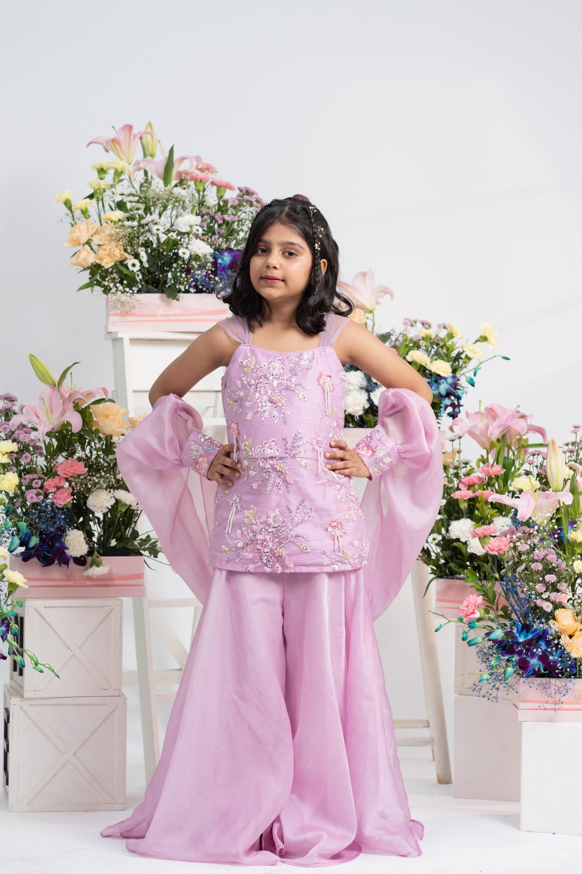 Exquisite Handwork Embroidered Lavender Kurti With Flared Sharara And Sheer Organza Dupatta