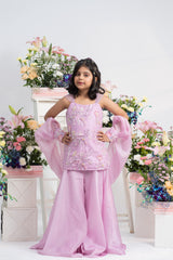 Exquisite Handwork Embroidered Lavender Kurti With Flared Sharara And Sheer Organza Dupatta