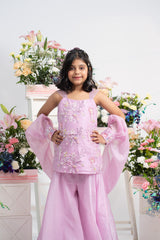 Exquisite Handwork Embroidered Lavender Kurti With Flared Sharara And Sheer Organza Dupatta