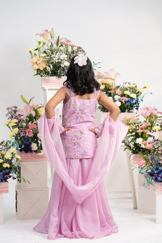 Exquisite Handwork Embroidered Lavender Kurti With Flared Sharara And Sheer Organza Dupatta