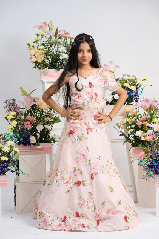 Beautiful Floral Blush Pink Lehenga Set With Statement Back Latkan And Elegant Net Drape Detail