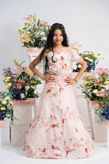 Beautiful Floral Blush Pink Lehenga Set With Statement Back Latkan And Elegant Net Drape Detail