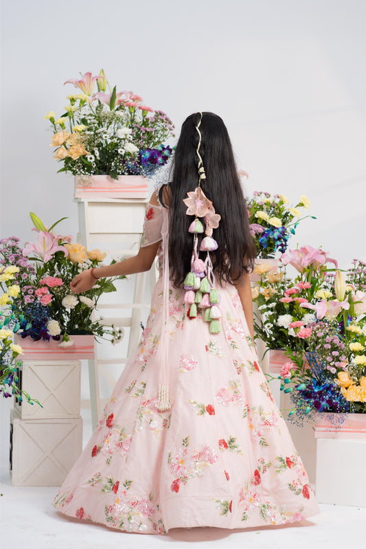 Beautiful Floral Blush Pink Lehenga Set With Statement Back Latkan And Elegant Net Drape Detail