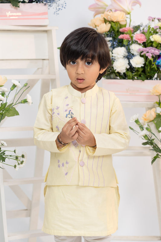 Pastel Lemon Embroidered Kurta Set – Subtle Festive Elegance for Little Royals