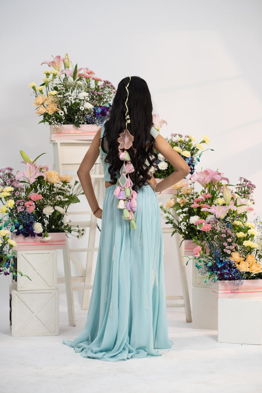 Stunning  Embroidered Powder Blue Top With Flared Palazzo Pants