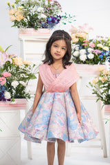 Blush Pleated Bodice With Pastel Brocade Flared Dress In Elegant Partywear Style