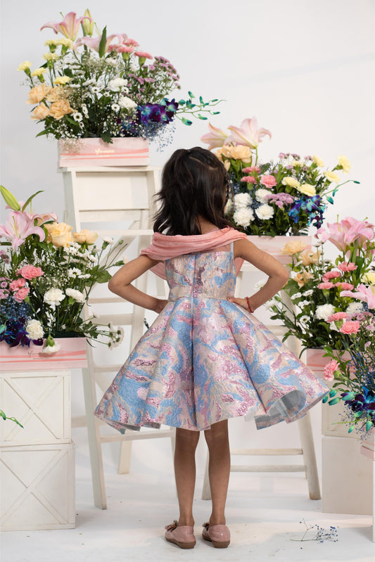 Blush Pleated Bodice With Pastel Brocade Flared Dress In Elegant Partywear Style