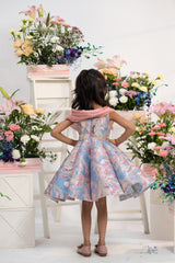 Blush Pleated Bodice With Pastel Brocade Flared Dress In Elegant Partywear Style