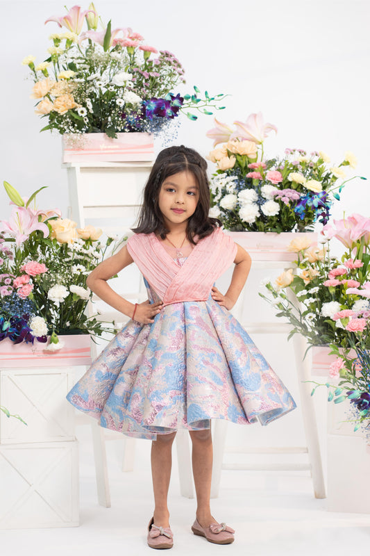 Blush Pleated Bodice With Pastel Brocade Flared Dress In Elegant Partywear Style