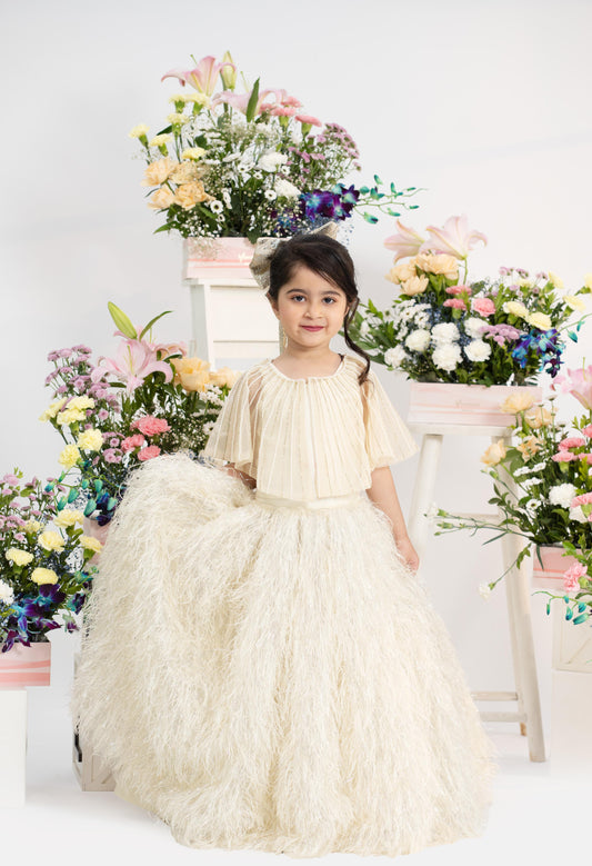 Luxury Pleated Shimmer Top With Dramatic Feathered Skirt In Elegant Ivory Couture Style