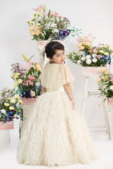 Luxury Pleated Shimmer Top With Dramatic Feathered Skirt In Elegant Ivory Couture Style