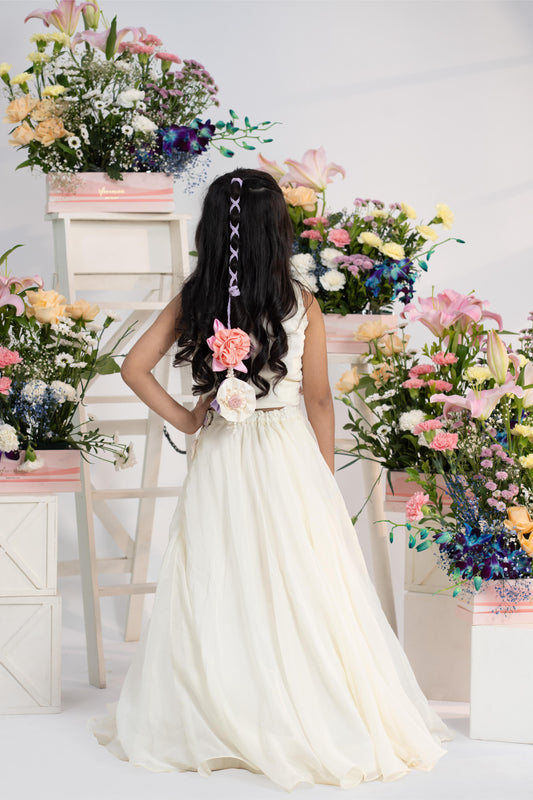 Elegant Handwork Embroidered Ivory Top With Flowing Lehenga And Statement Floral Latkan Detail