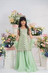 Gorgeous Mirror Embroidered Mint Kurti With Flared Sharara And Sheer Organza Dupatta