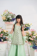 Gorgeous Mirror Embroidered Mint Kurti With Flared Sharara And Sheer Organza Dupatta