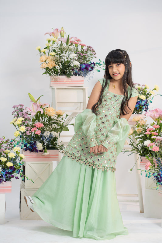 Gorgeous Mirror Embroidered Mint Kurti With Flared Sharara And Sheer Organza Dupatta