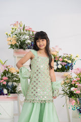 Gorgeous Mirror Embroidered Mint Kurti With Flared Sharara And Sheer Organza Dupatta