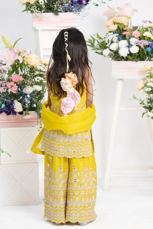 Bright yellow embroidered sharara set perfect for festive celebrations