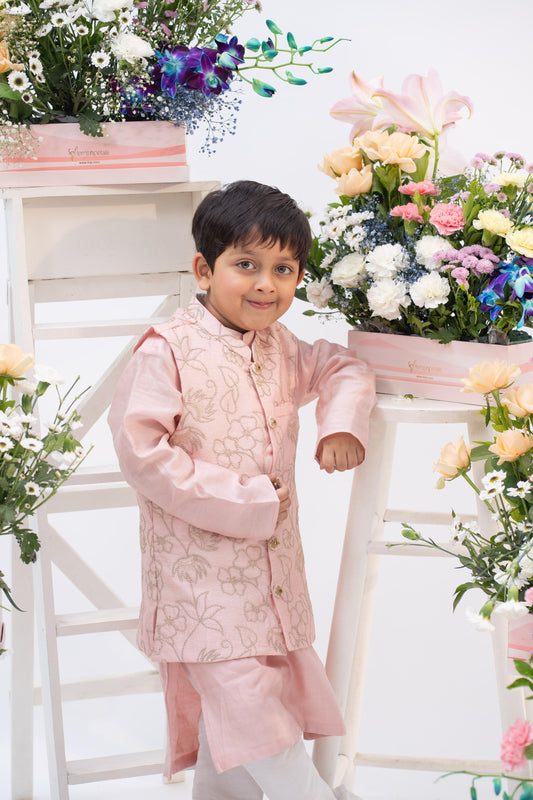 Blush Pink Embroidered Kurta Jacket Set – Elegant Festive Style for Little Gentlemen