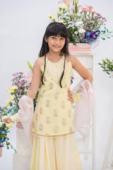 Pastel Yellow  Kurti With Flowy Sharara, Blush Organza Dupatta And Statement Back Latkan Detail