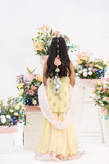 Pastel Yellow  Kurti With Flowy Sharara, Blush Organza Dupatta And Statement Back Latkan Detail