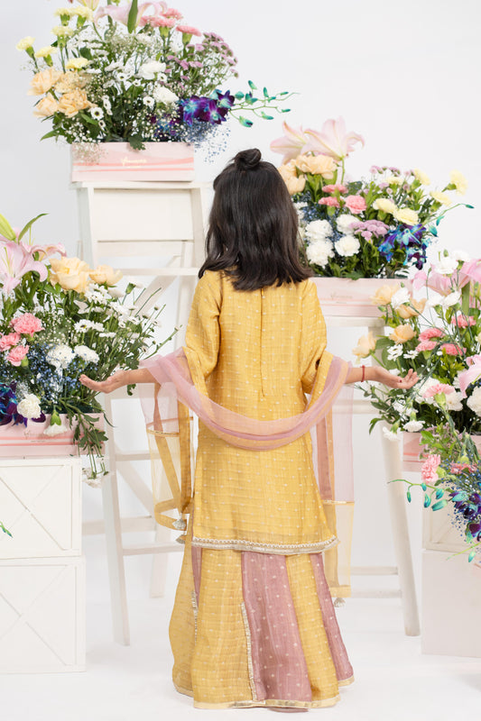 Beautiful V Neck Kurti With Colour Block Palazzo And Dupatta