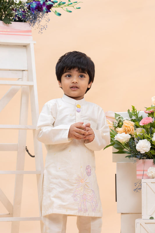 Ivory Embroidered Elephant Kurta Set