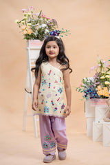 Pastel Yellow One-Shoulder Kurti With Lavender Salwar Set