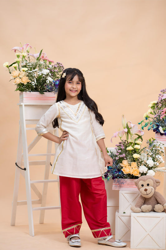 Ivory Kurti With Red Farsi Salwar Festive Set