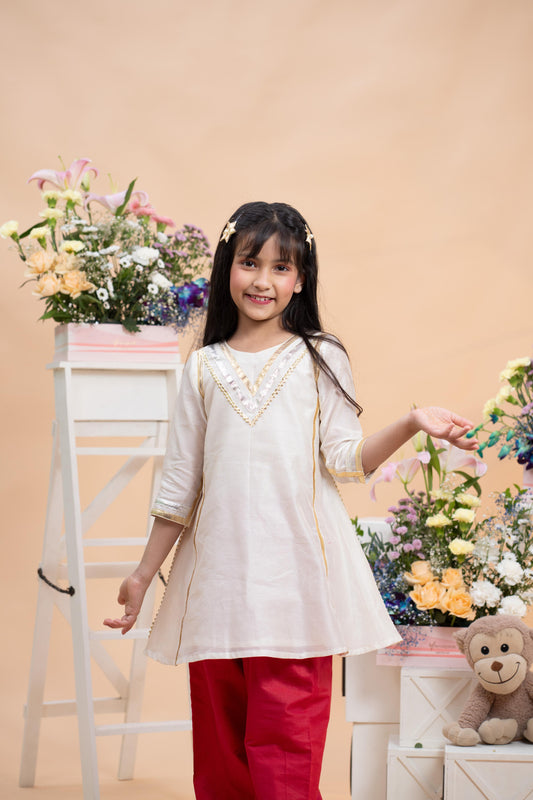 Ivory Kurti With Red Farsi Salwar Festive Set