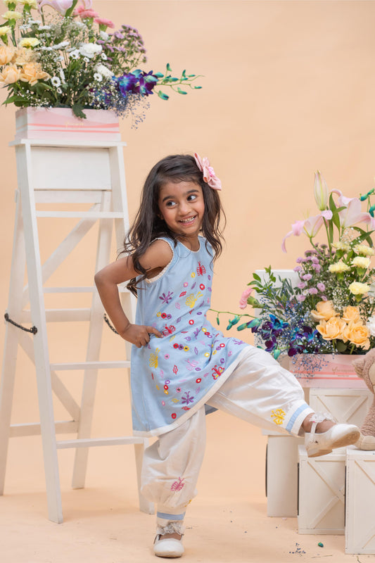 Sky Blue Embroidered Kurti With white Dhoti Pants Set