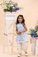 Sky Blue Embroidered Kurti With white Dhoti Pants Set