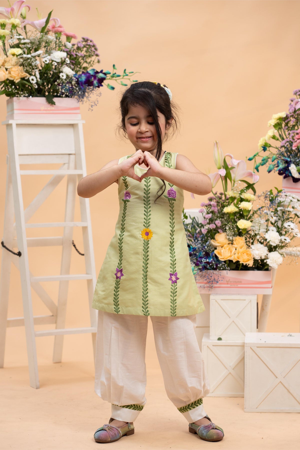Pistachio Embroidered Sleeveless Kurti With Ivory Comfort Pants Set