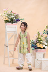 Pistachio Embroidered Sleeveless Kurti With Ivory Comfort Pants Set