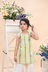 Pistachio Embroidered Sleeveless Kurti With Ivory Comfort Pants Set