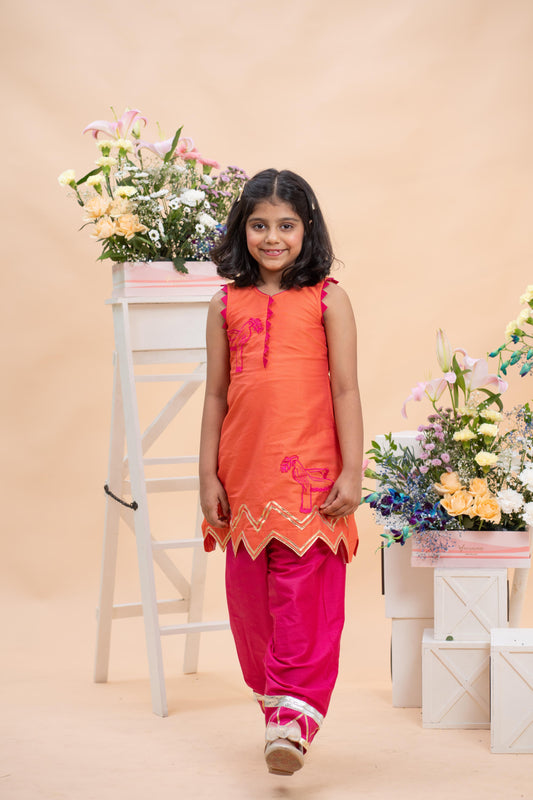 Tangerine Kurti With Rani Pink Farsi Salwar Festive Set