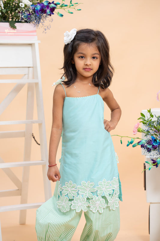 Mint Green Lace Kurti With Striped Dhoti Set