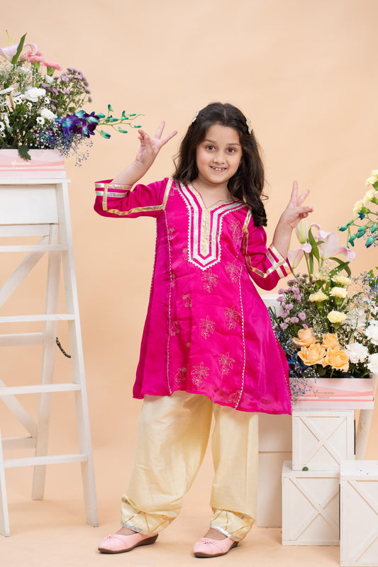 Fuchsia Pink Embroidered Kurti With Pastel Yellow Farsi Salwar Set