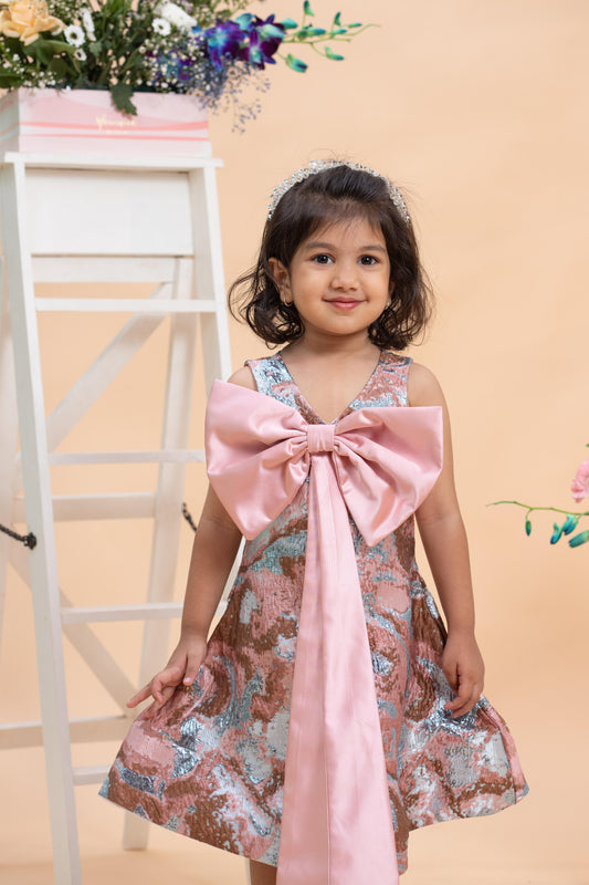 Blush Jacquard Party Dress with Statement Satin Bow