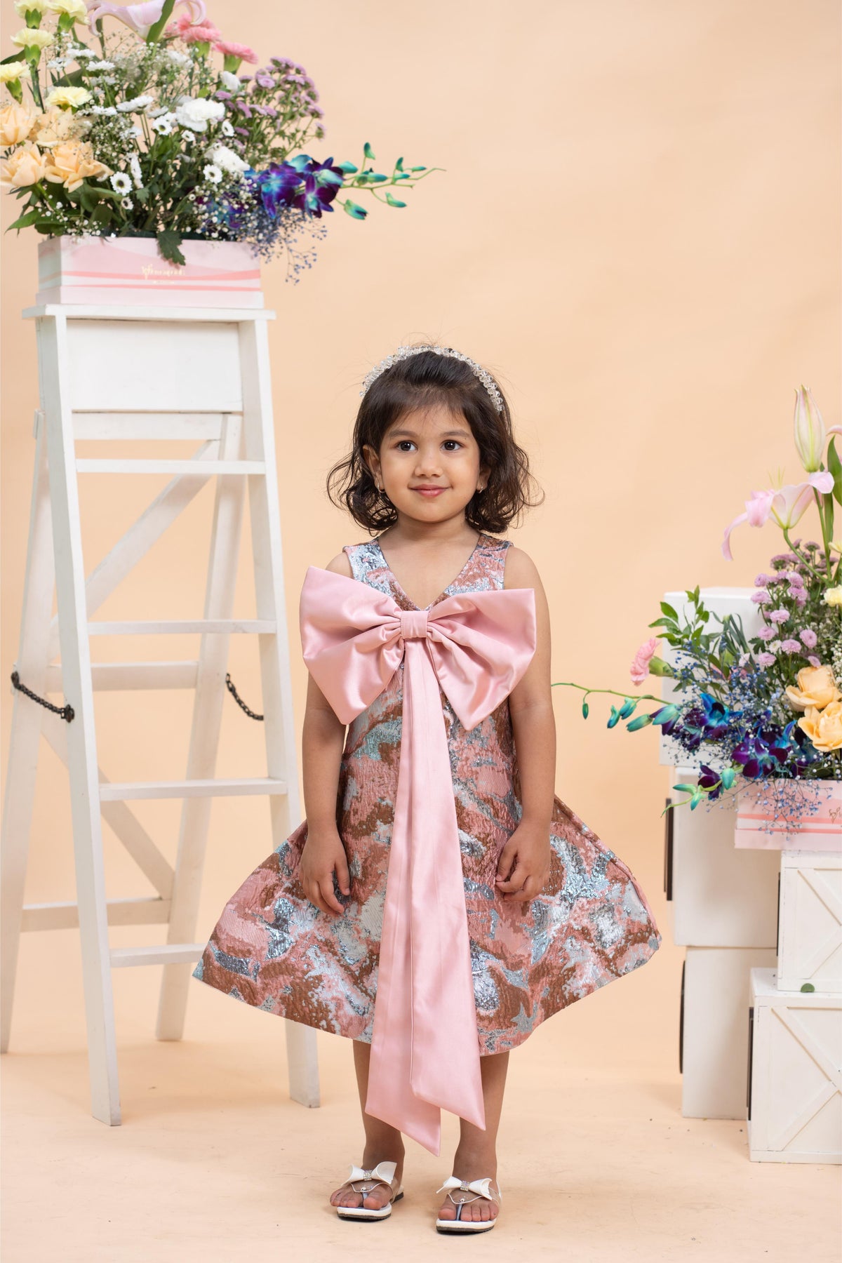 Blush Jacquard Party Dress with Statement Satin Bow