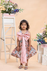 Blush Jacquard Party Dress with Statement Satin Bow