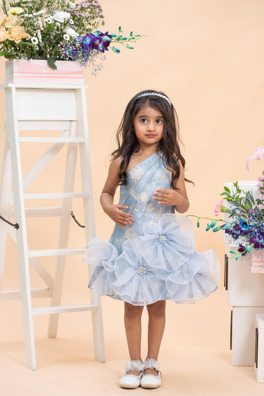 Icy Blue One-Shoulder Couture Dress with 3D Floral Drama