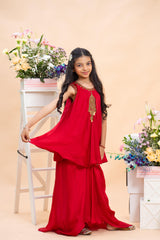 Ruby Red Embroidered Sharara Set – A Graceful Festive Statement for Young Trendsetters