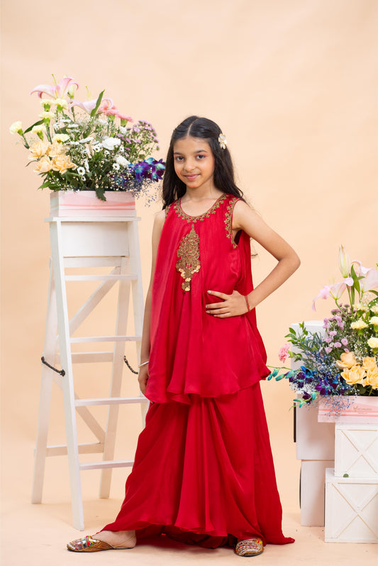 Ruby Red Embroidered Sharara Set – A Graceful Festive Statement for Young Trendsetters