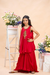 Ruby Red Embroidered Sharara Set – A Graceful Festive Statement for Young Trendsetters