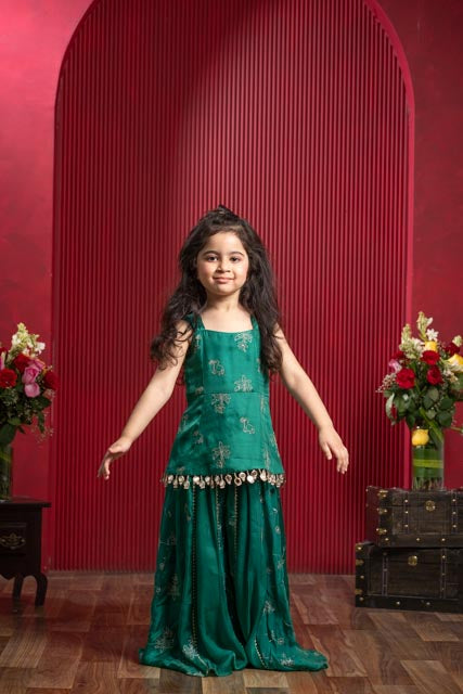 Emerald Green Silver Embroidered Sharara Set – A Twirl-Worthy Festive Dream for Little Divas
