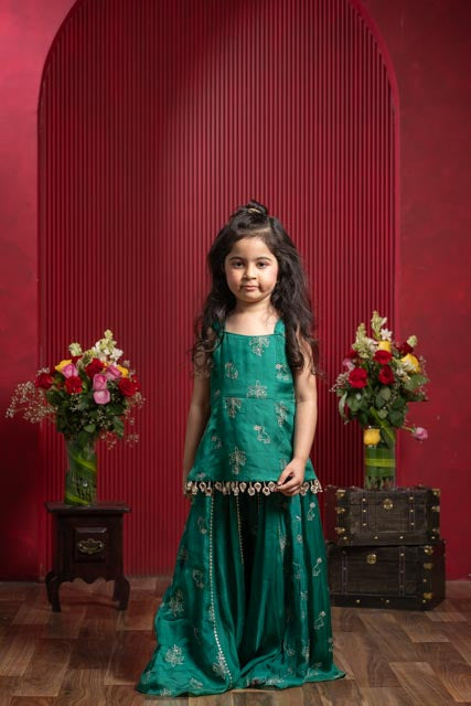 Emerald Green Silver Embroidered Sharara Set – A Twirl-Worthy Festive Dream for Little Divas