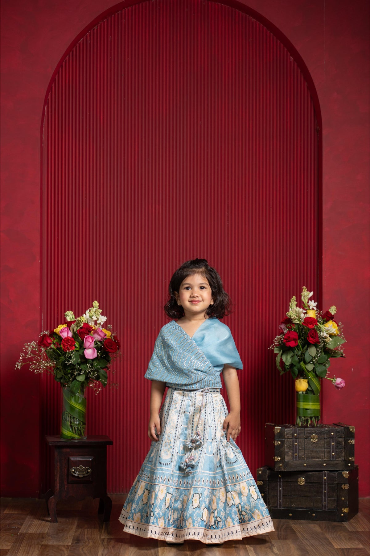 Powder Blue Draped Blouse & Printed Lehenga Set – A Modern Royal Dream