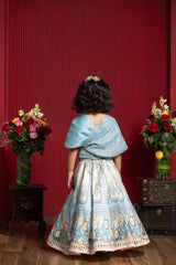 Powder Blue Draped Blouse & Printed Lehenga Set – A Modern Royal Dream